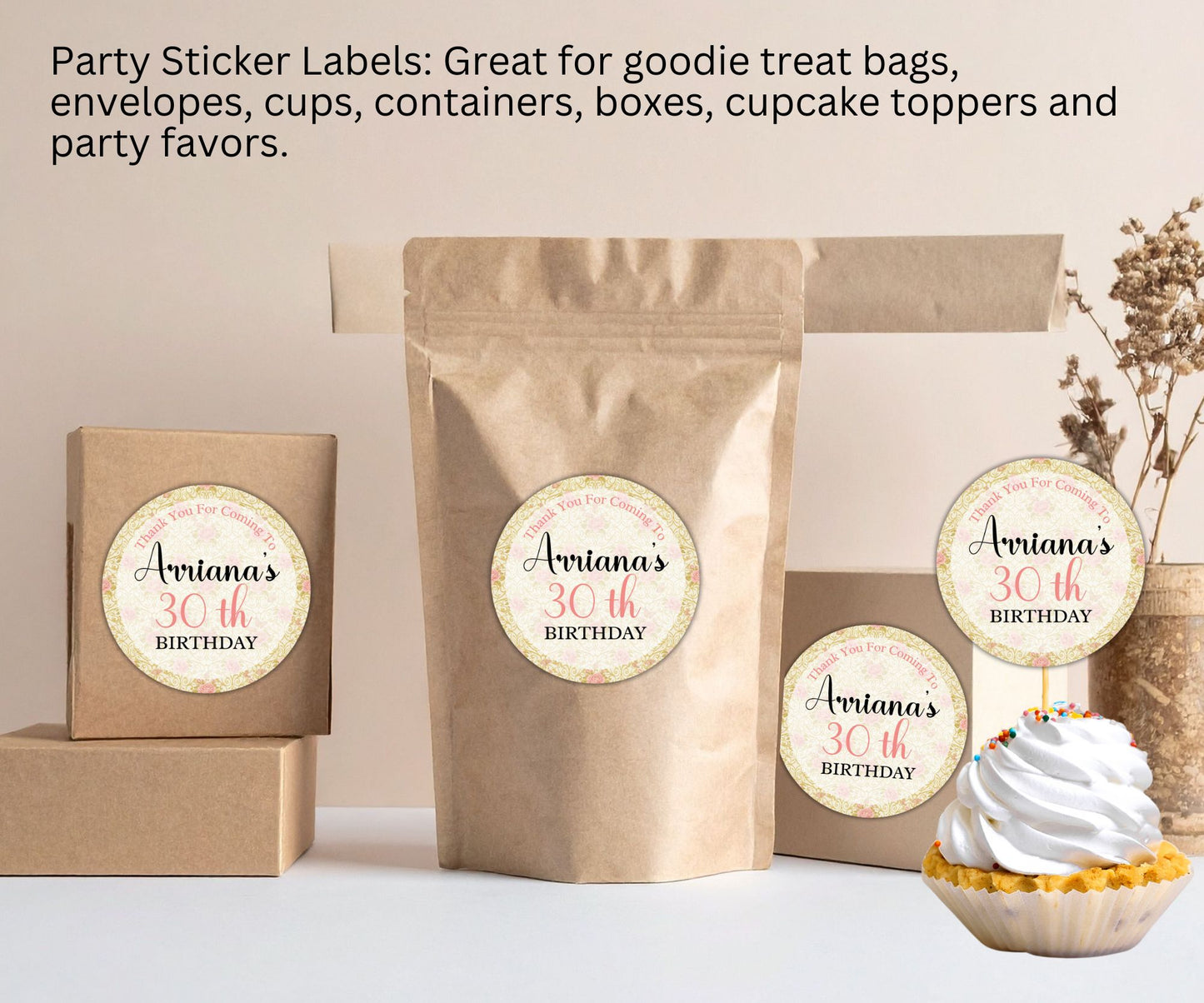 Pink Floral Birthday Party Sticker Labels