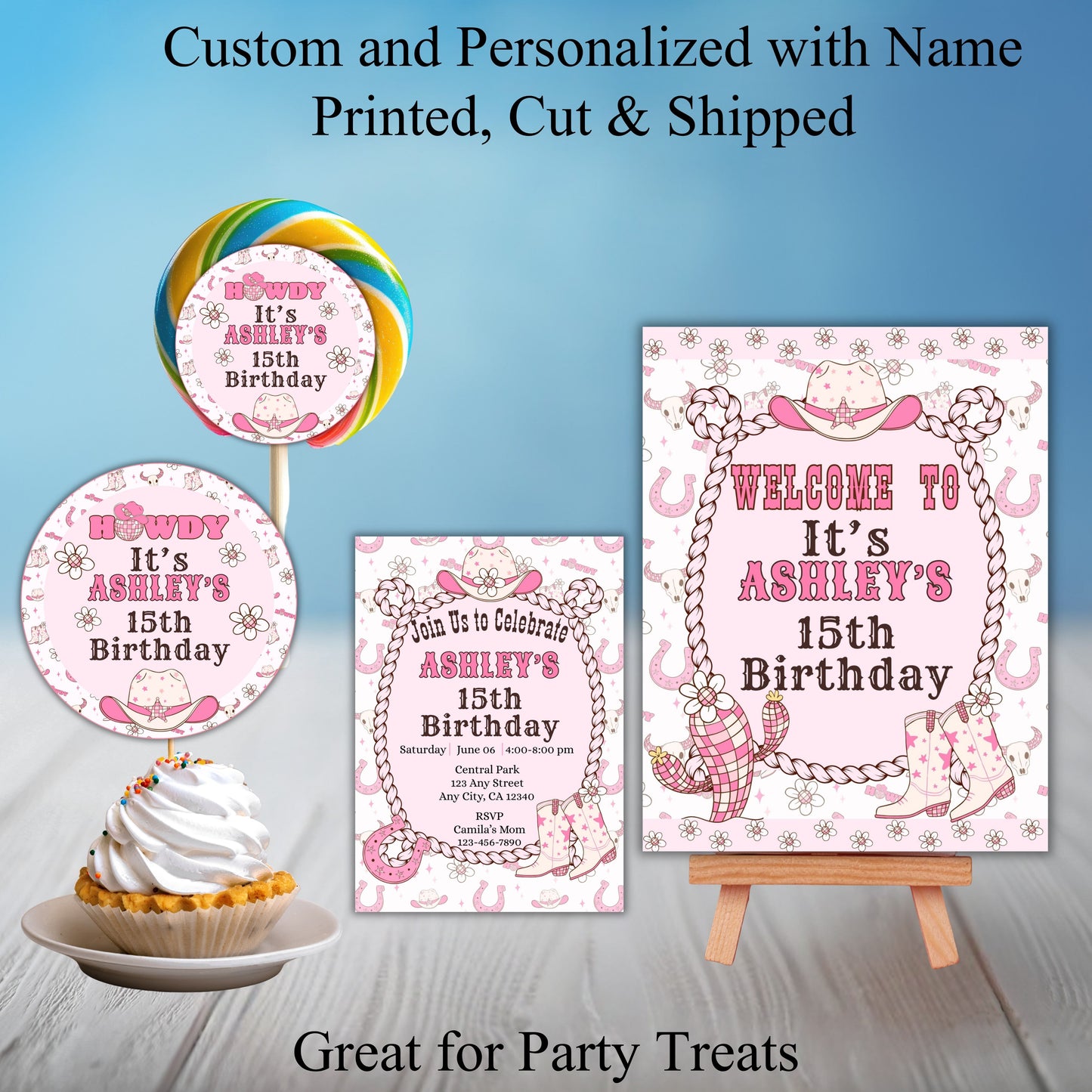 Pink Girl Western Birthday Party Sticker labels
