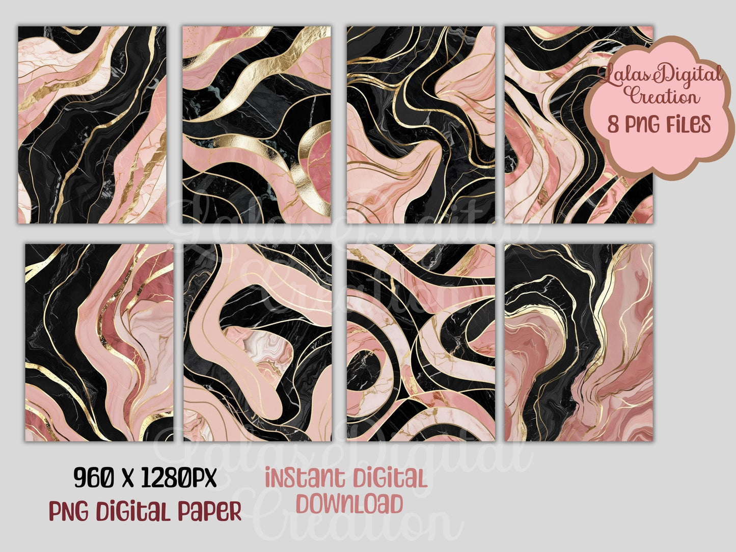 Pink and Black Gold Marble Digital Pattern Paper Bundle