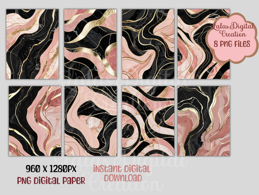 Pink and Black Gold Marble Digital Pattern Paper Bundle