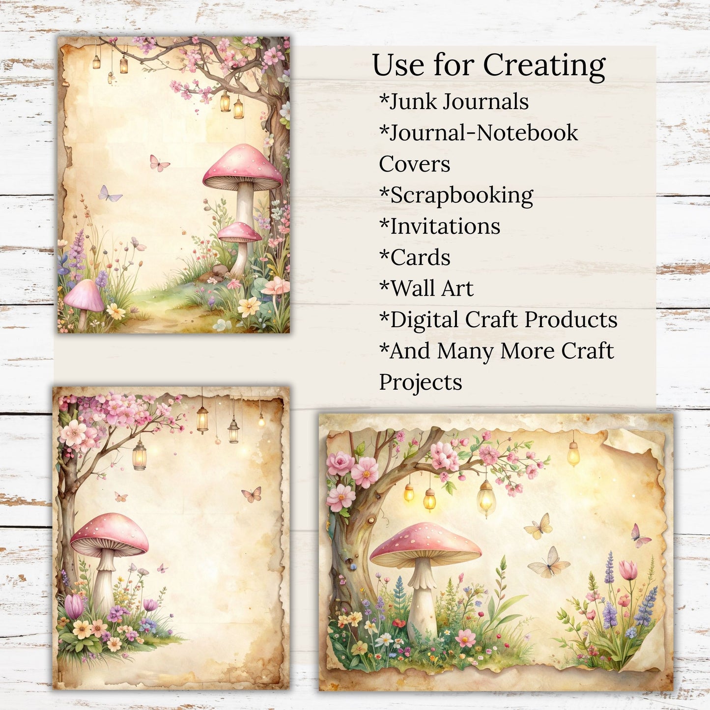 Vintage Pink Mushroom Digital Paper Pack Bundle