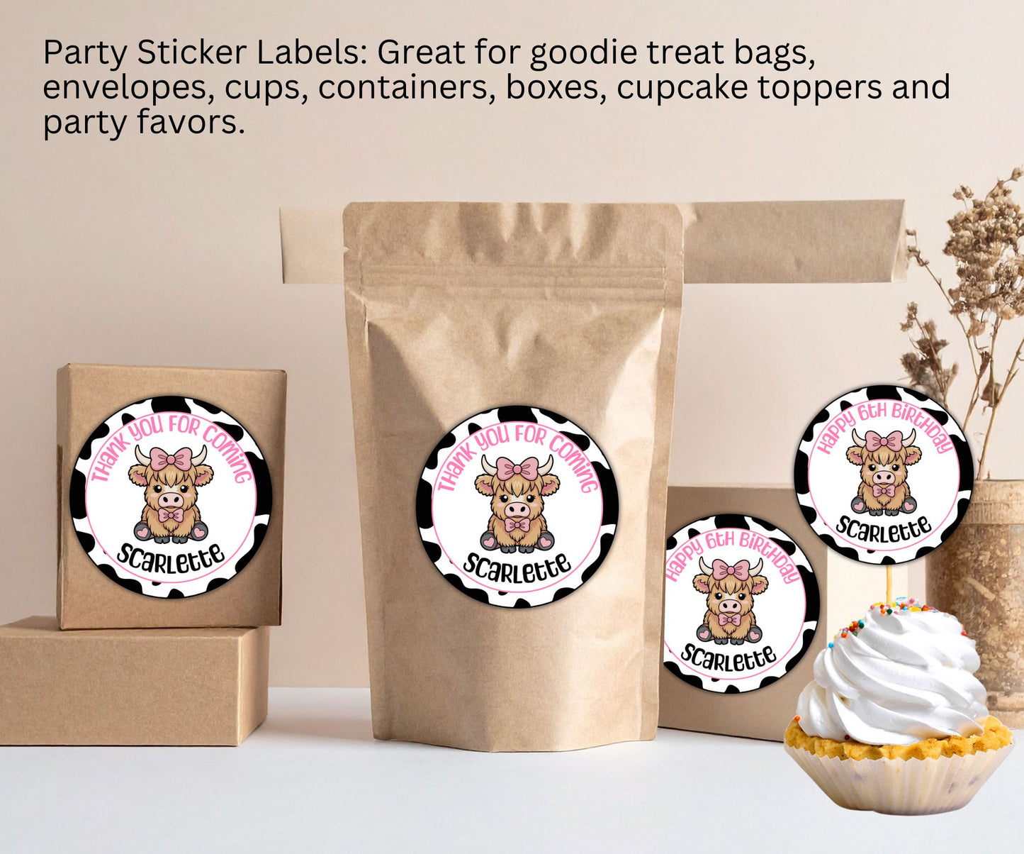 Girls Baby Cow Party Sticker Labels