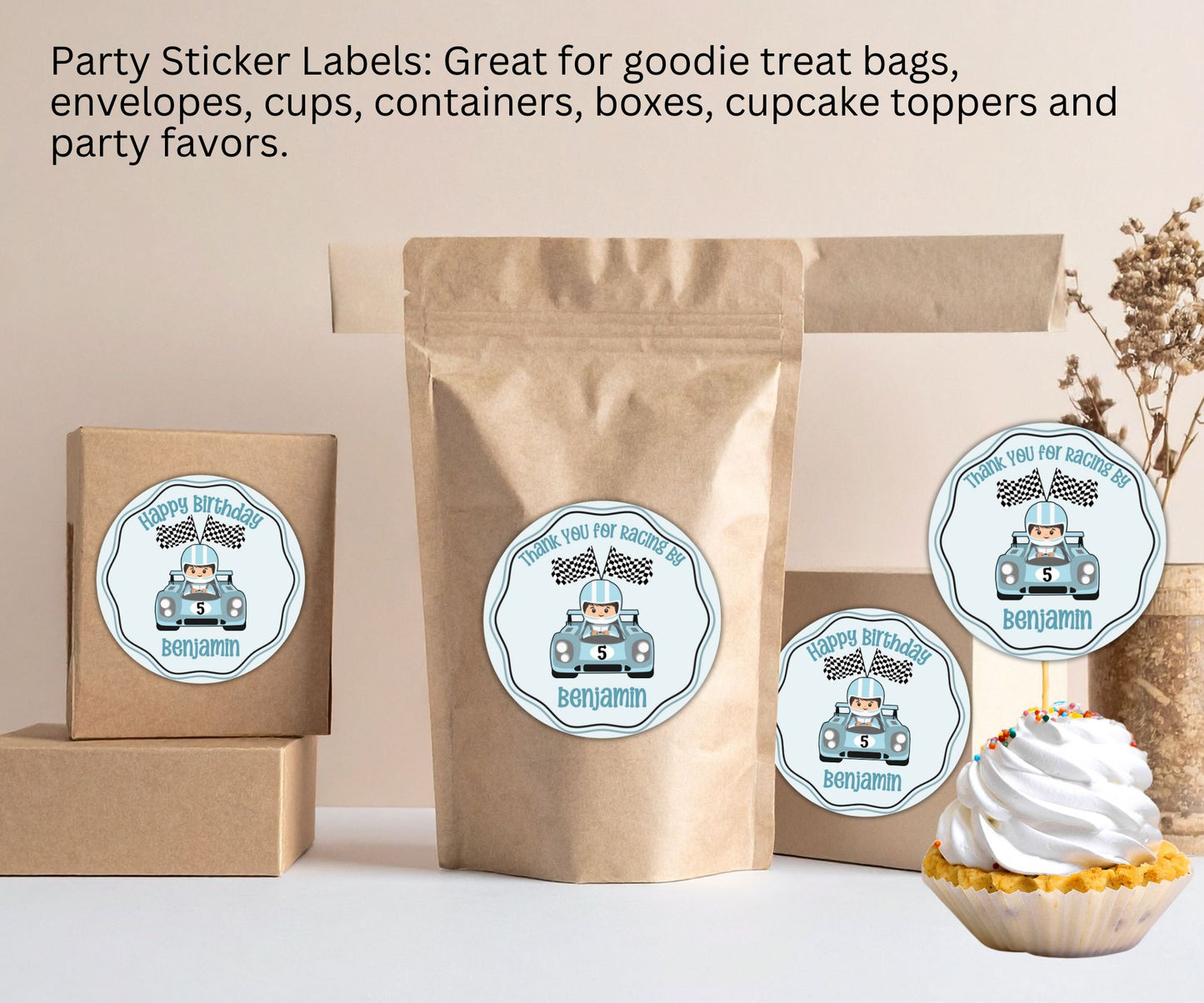 Blue Boys Race Car Birthday Party Sticker Labels