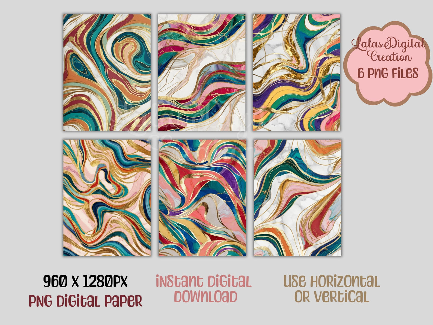 Multi Color and Gold Marble Digital Pattern Paper Bundle