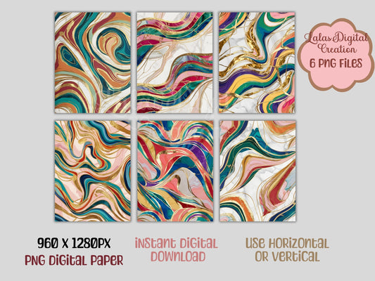 Multi Color and Gold Marble Digital Pattern Paper Bundle