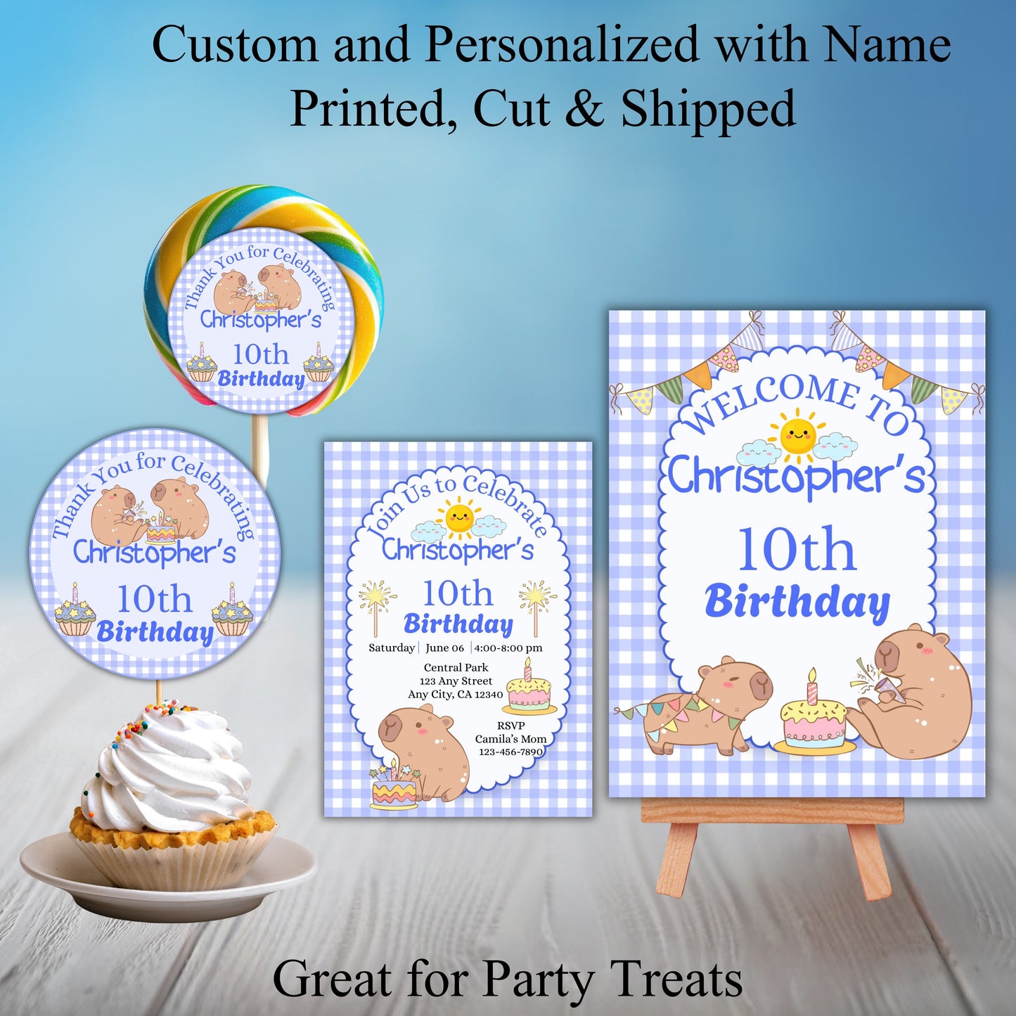 Blue Capybara Birthday Party Sticker Labels