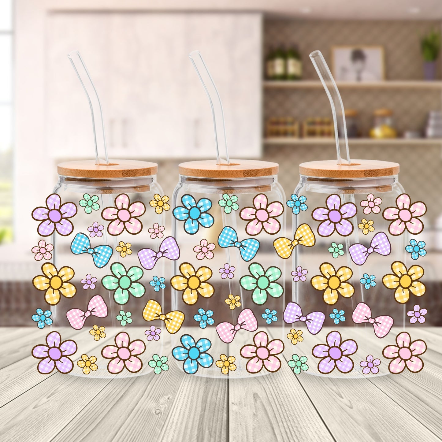 Plaid Daisy Floral Libbey Glass Can Cup Wrap