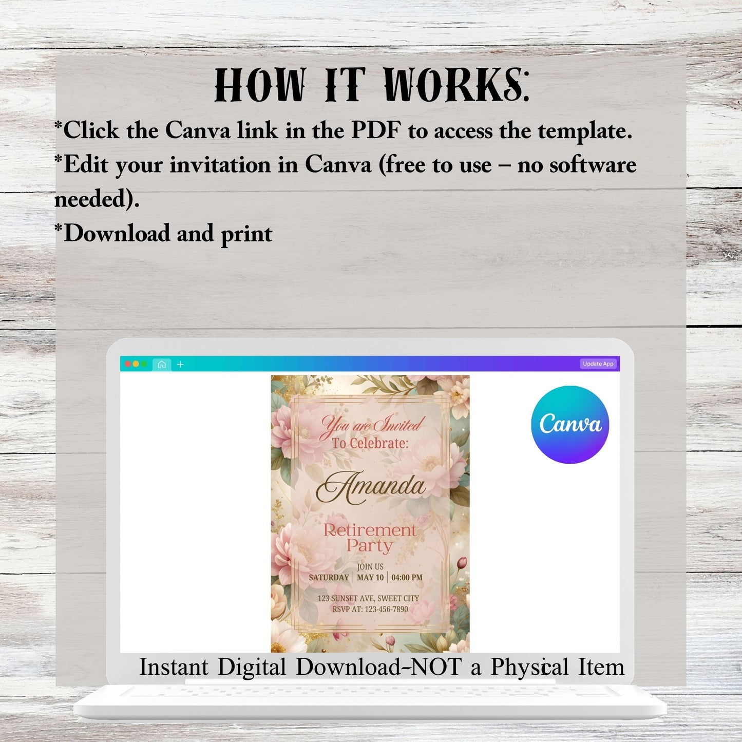 Pink Roses Retirement Party Invitation Canva Editable Template Instant Digital Download