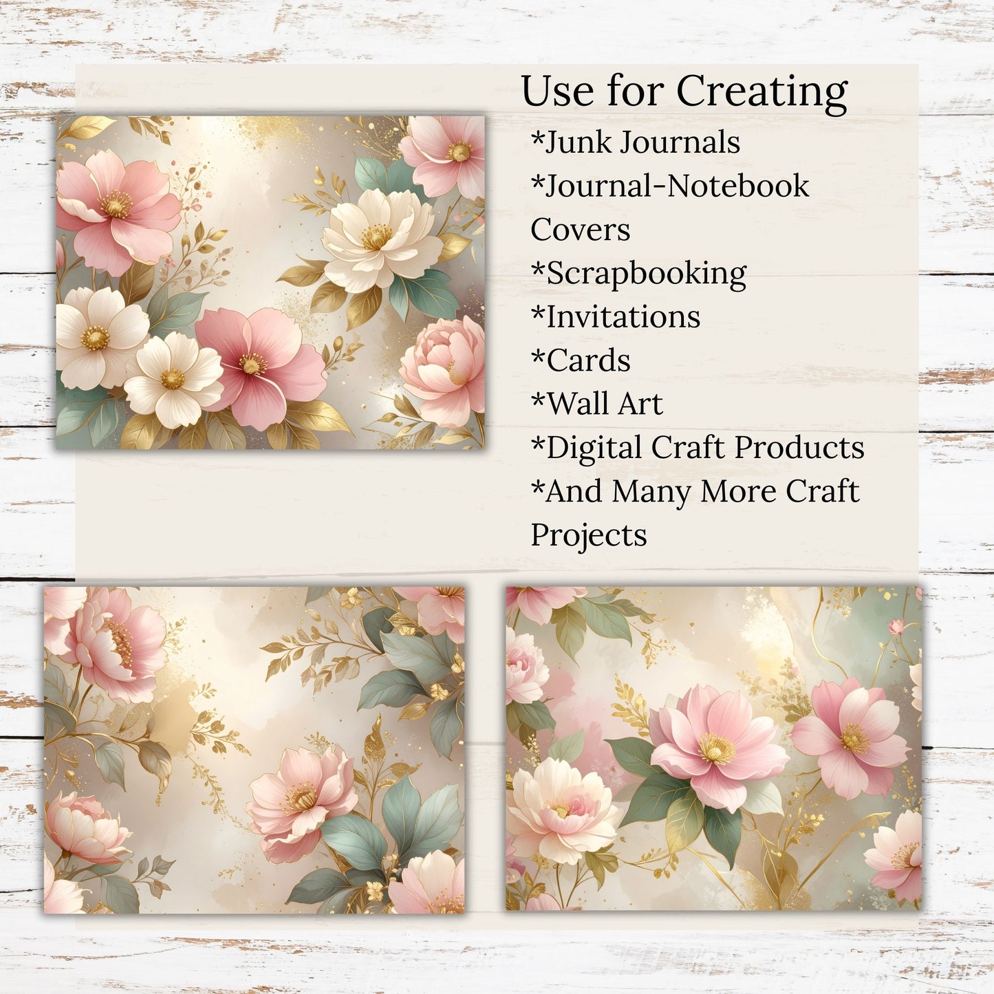 Pink Floral Gold Trim Digital Paper Pack Bundle