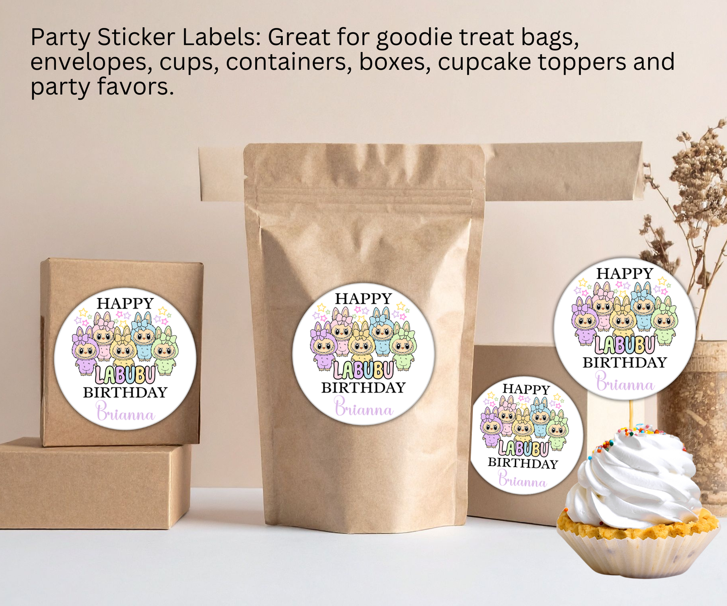Pastel Labubu Birthday Party Sticker Labels