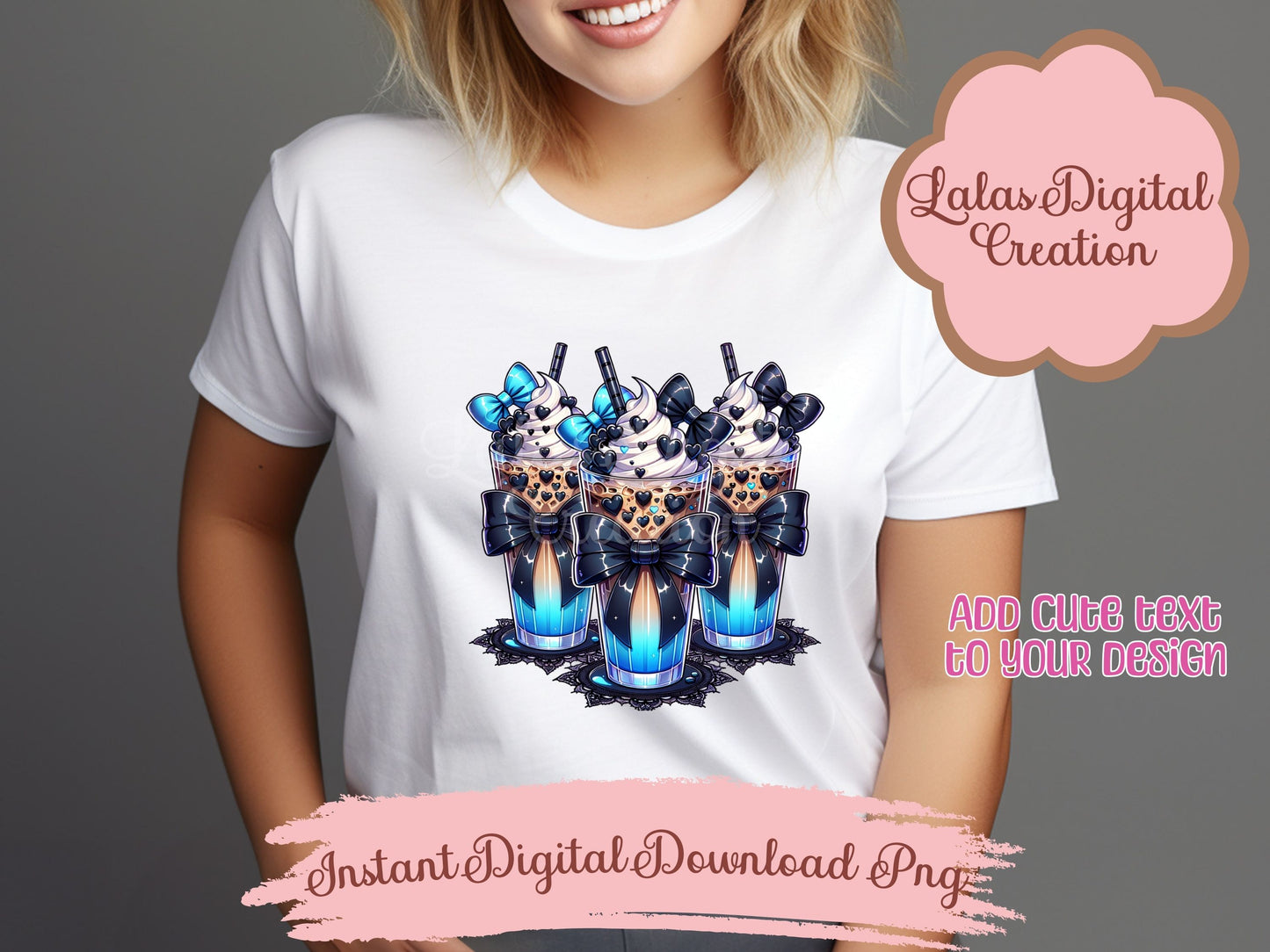 Goth Lace Bow Iced Coffee Drink Clipart Bundle Instant Digital PNG Download