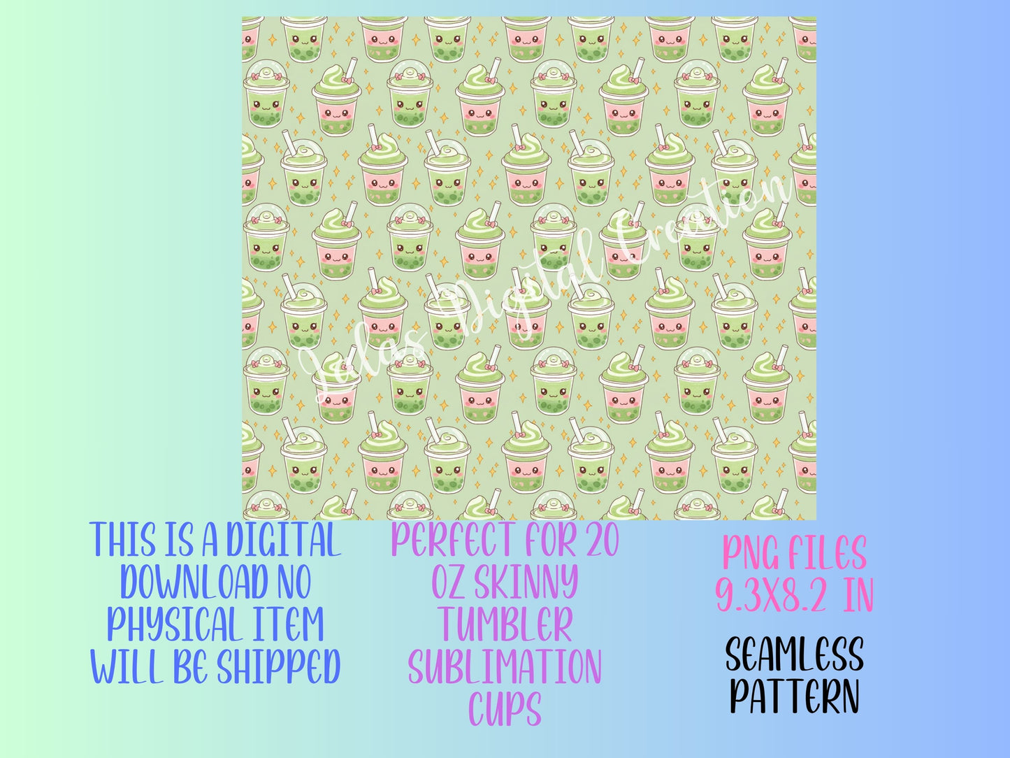 Kawaii Green Matcha Tea 3 Sublimation 20zo Tumbler Wrap PNG Digital Download