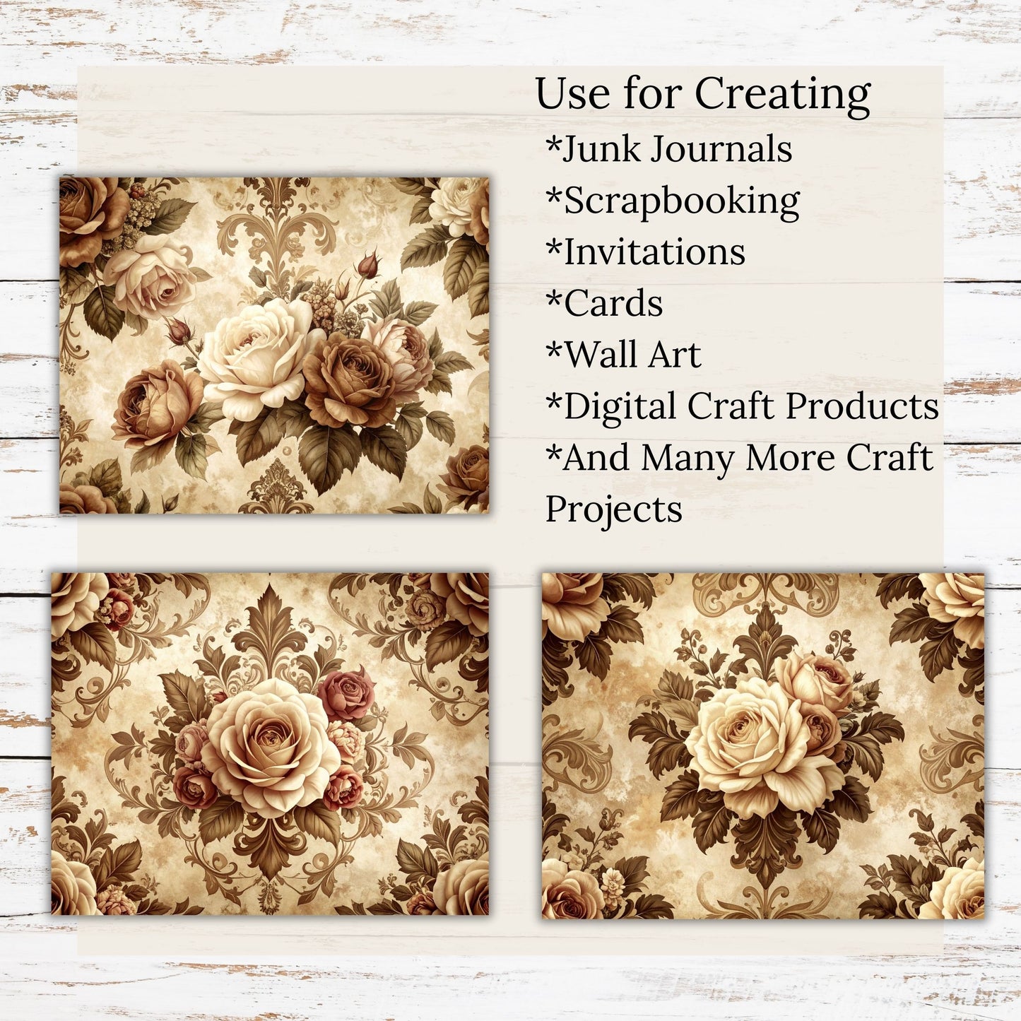 Vintage Ivory Rose Digital Paper Pack Bundle