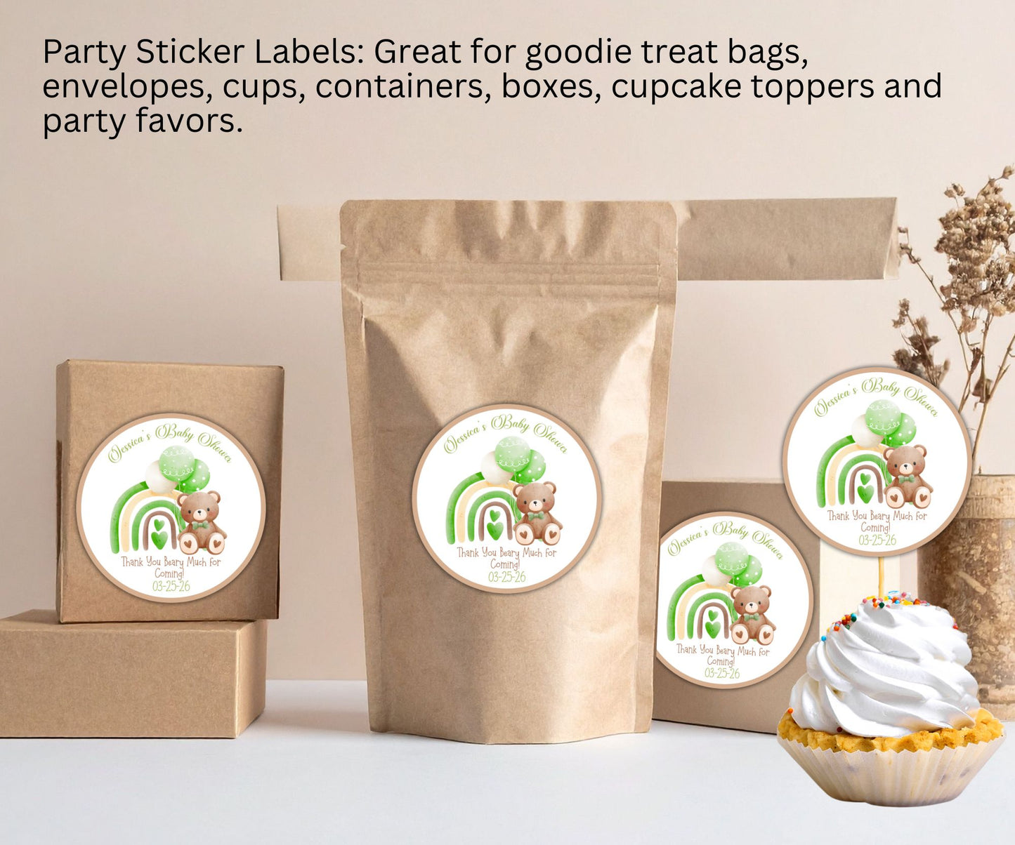 Boys Rainbow Bear Baby Shower Party Sticker Labels