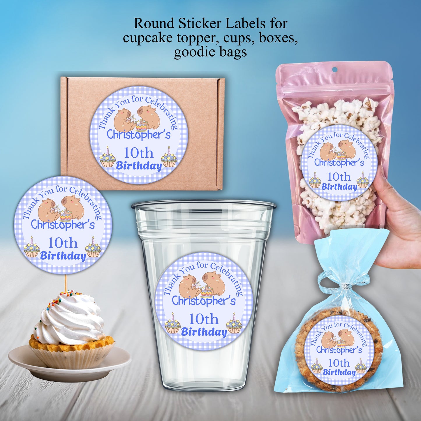 Blue Capybara Birthday Party Sticker Labels