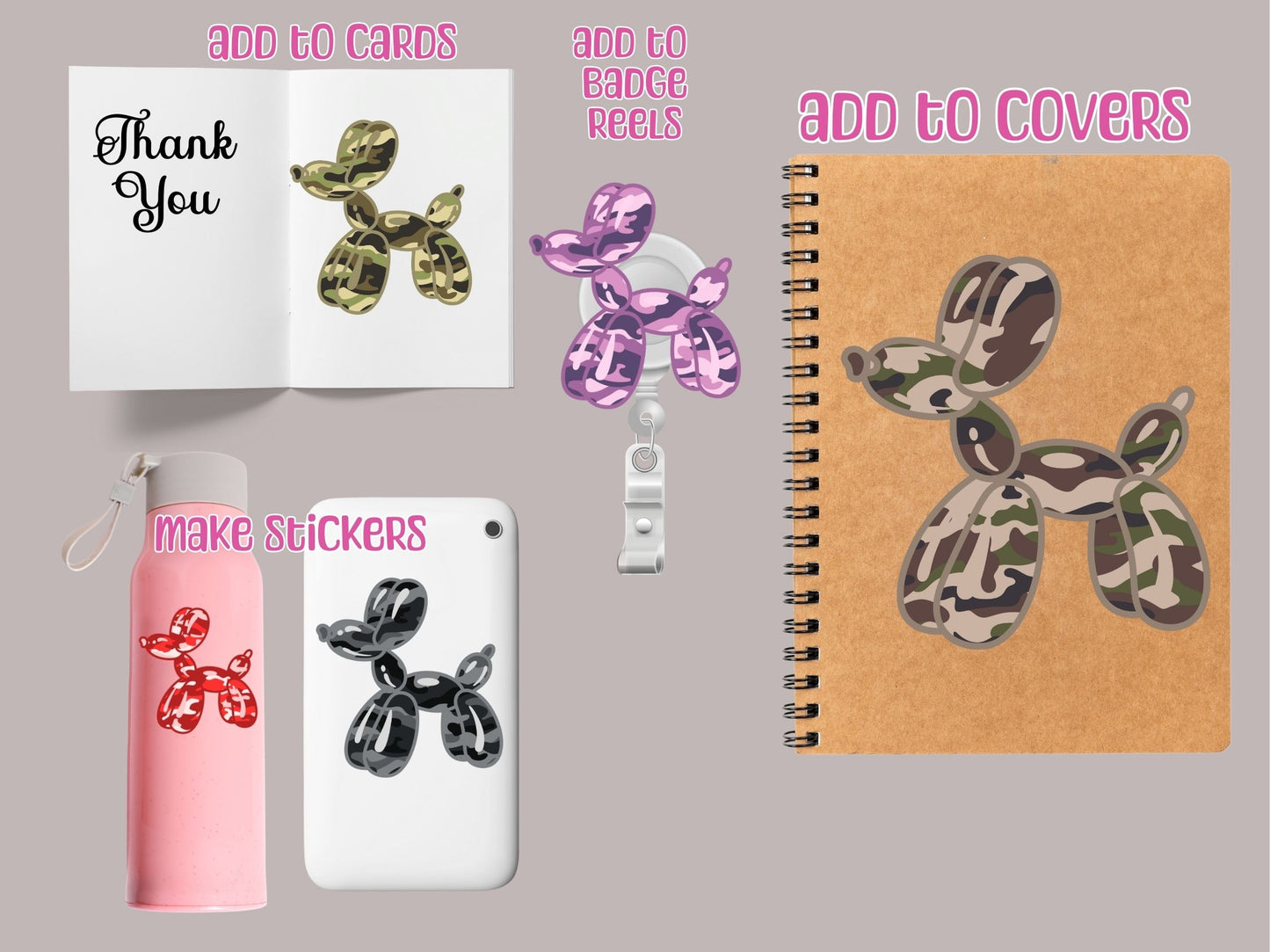 Preppy Camo Balloon Dog Clipart PNG Instant Digital Download
