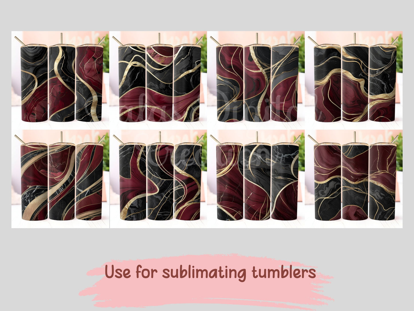 Black and Burgundy Gold Marble Digital Pattern Paper Bundle