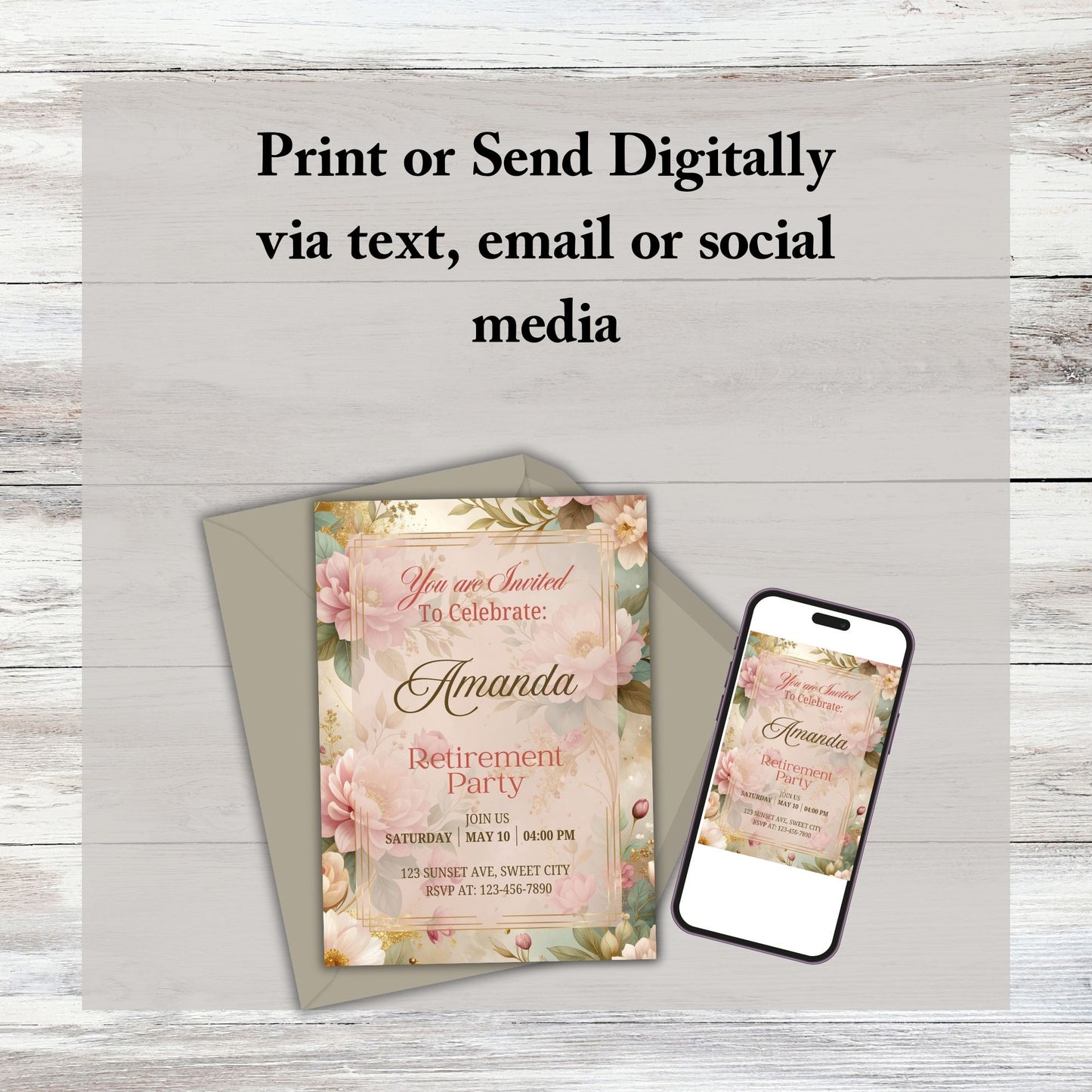 Pink Roses Retirement Party Invitation Canva Editable Template Instant Digital Download