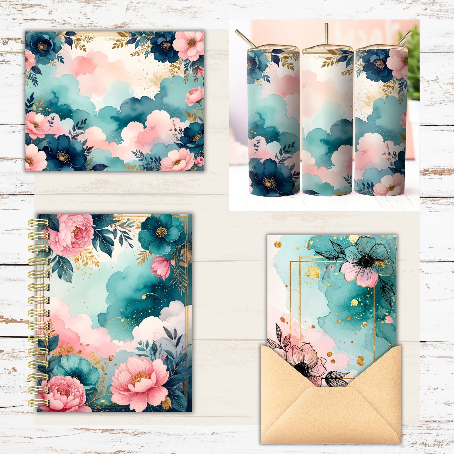 Watercolor Teal Pink Floral Digital Paper Pack Bundle