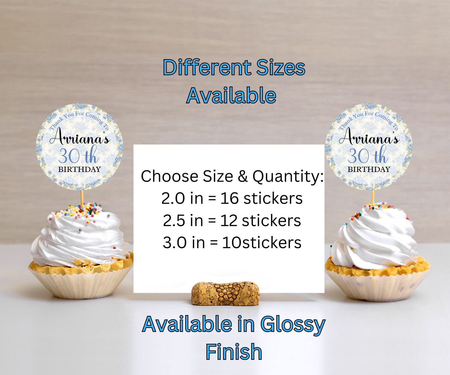 Blue Floral Birthday Party Sticker Labels