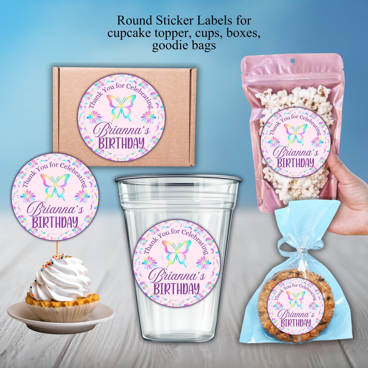 Rainbow Butterfly Girls Party Sticker Labels