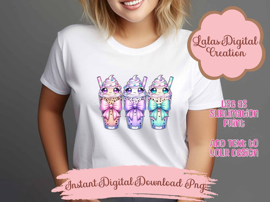 Kawaii Iced Coffee Drink Coquette Bow Clipart PNG Instant Digital Download