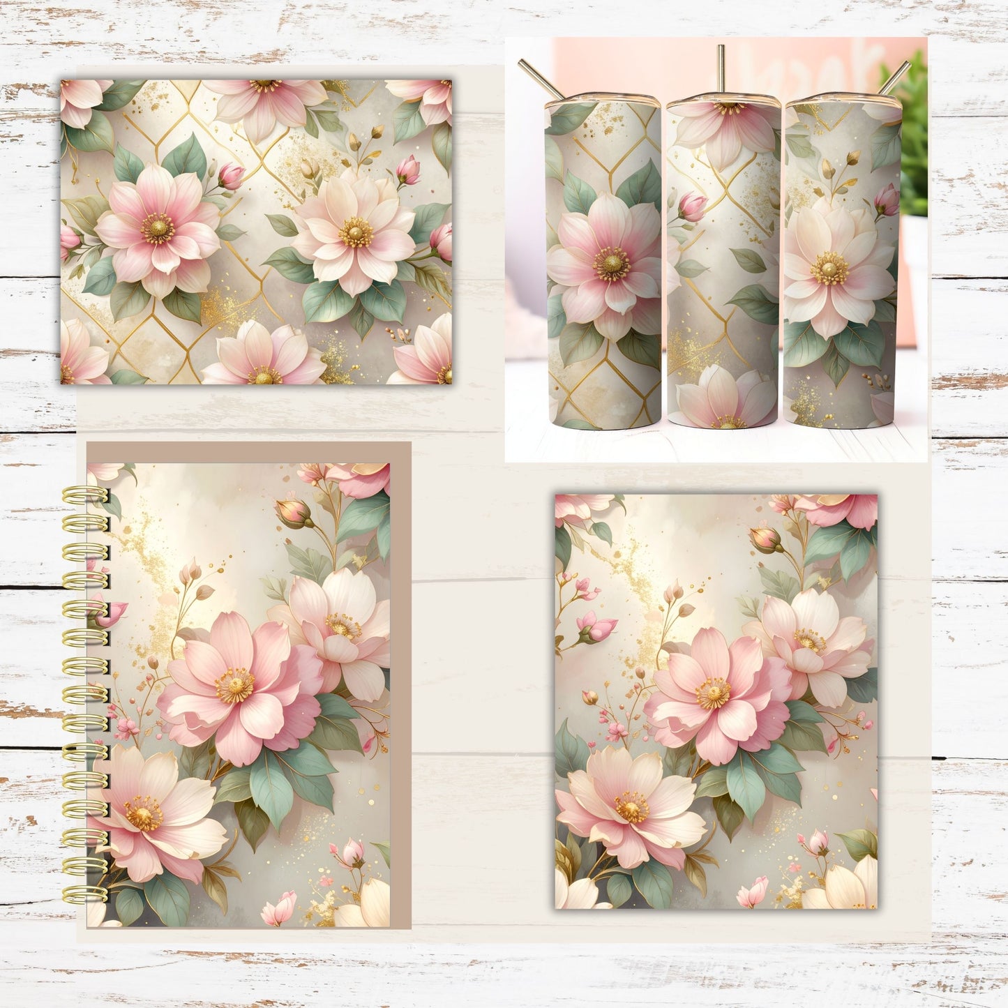 Pink Floral Gold Trim Digital Paper Pack Bundle