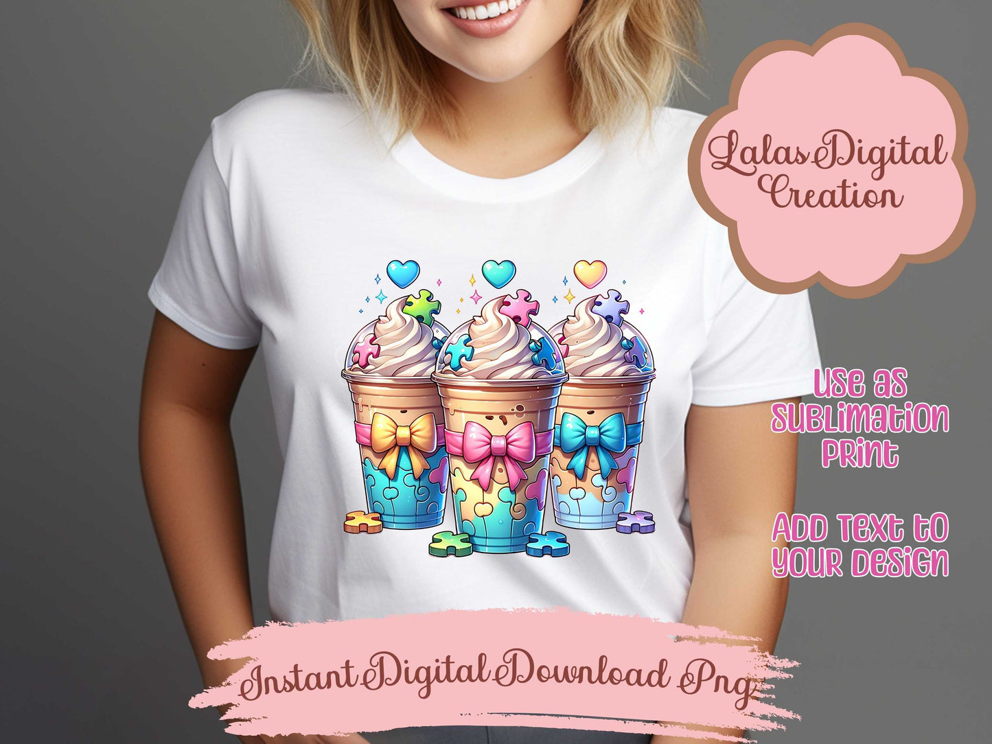 Autism Puzzle Iced Coffee Drink Coquette Bow Bundle Clipart PNG Instant Digital Download