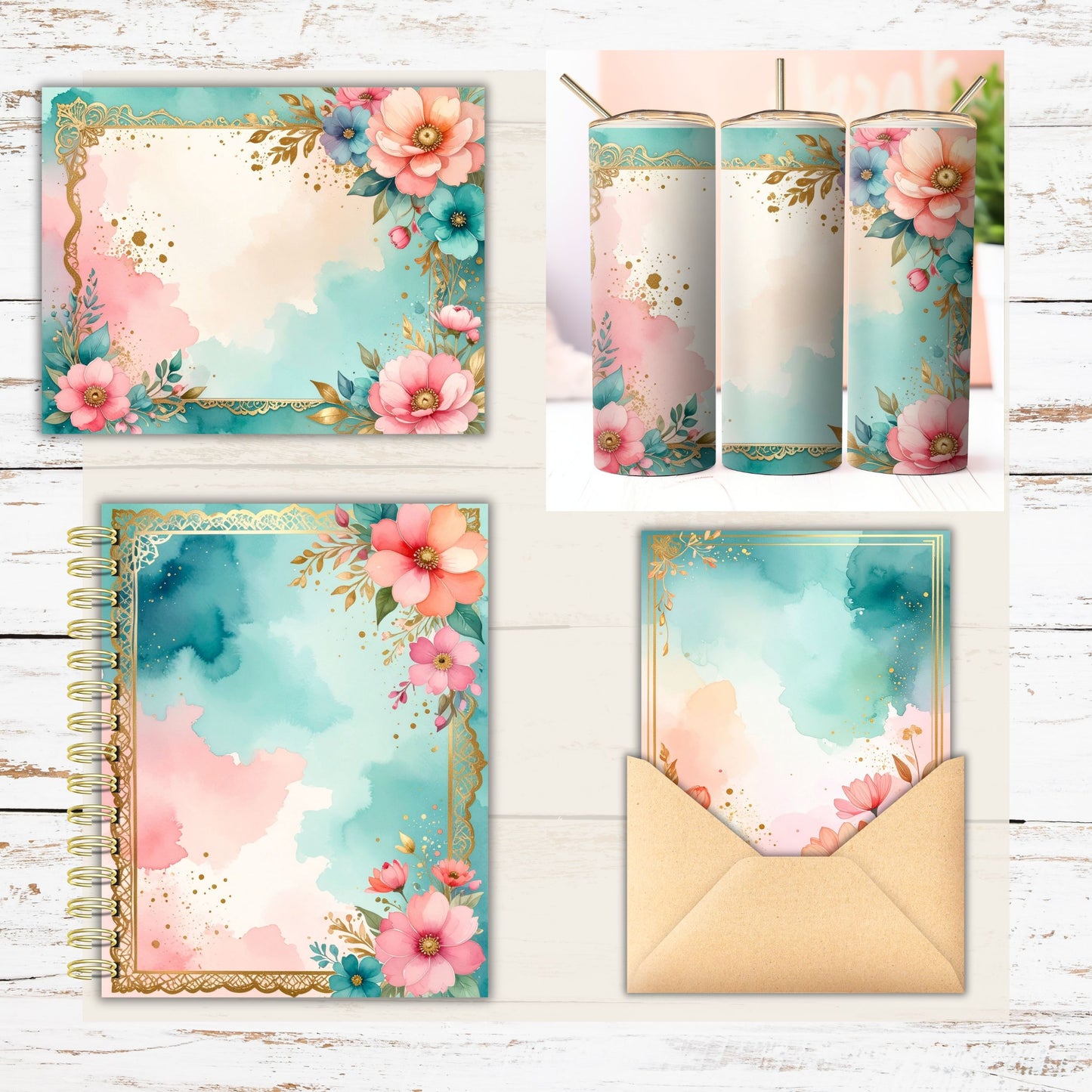 Watercolor Floral Gold Frame Digital Paper Pack Bundle