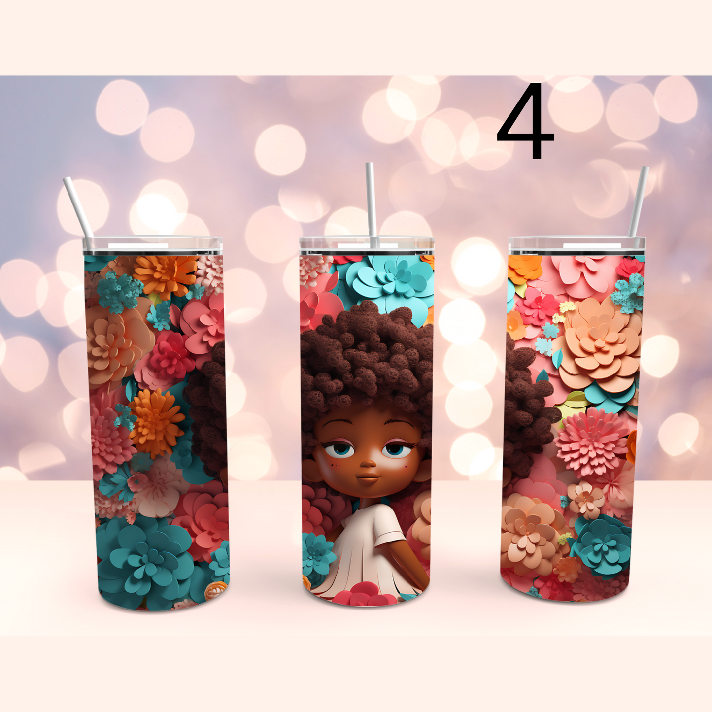 Cute African American Girl 3D Floral Stainless Steel Tumbler Cup