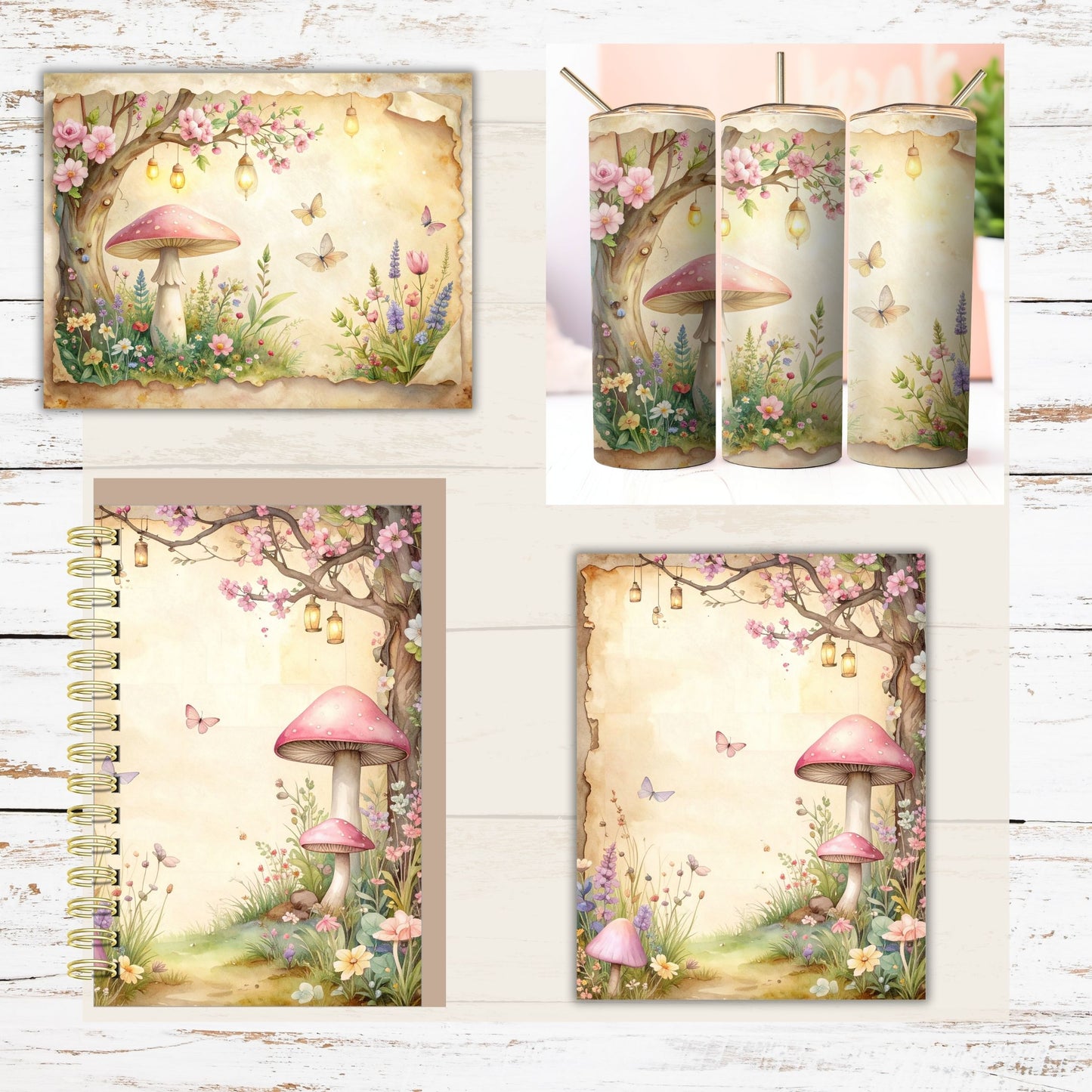 Vintage Pink Mushroom Digital Paper Pack Bundle