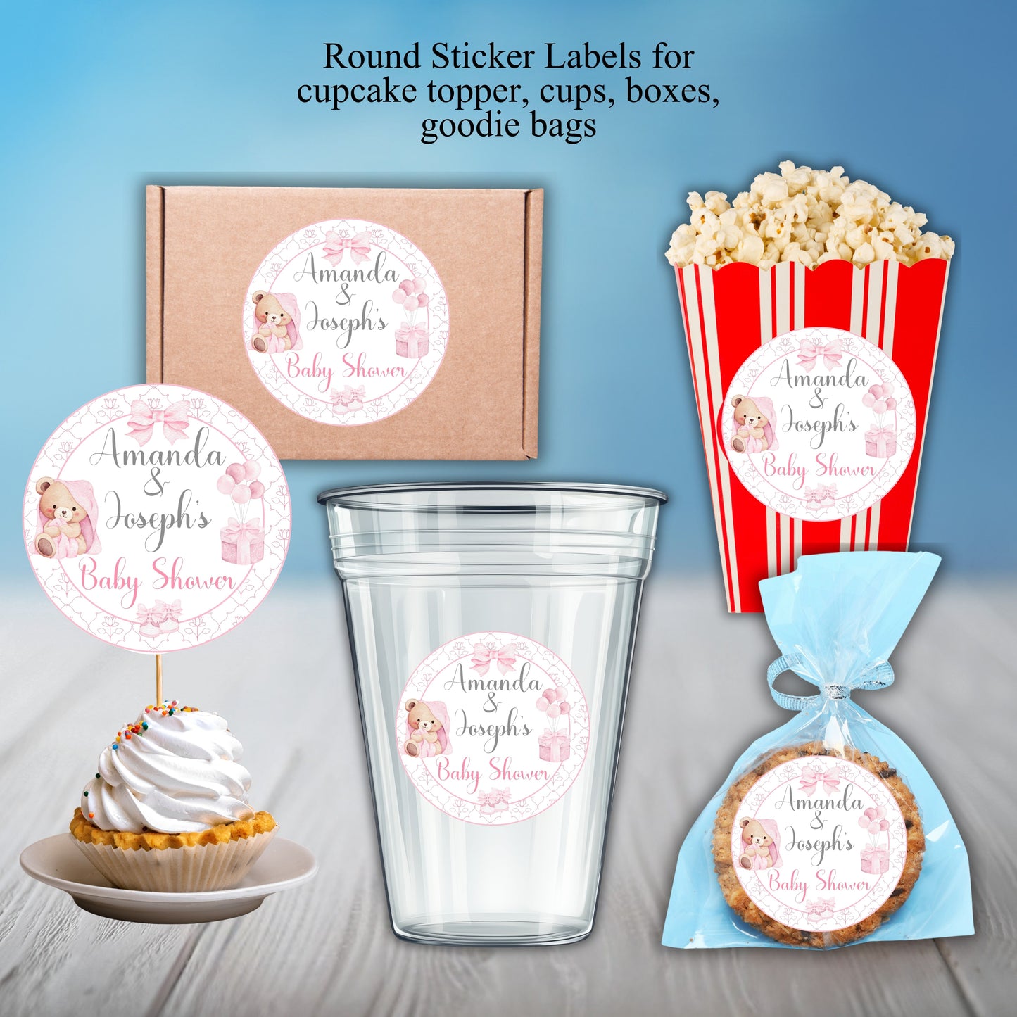 Pink Bear Girls Baby Shower Party Sticker Labels