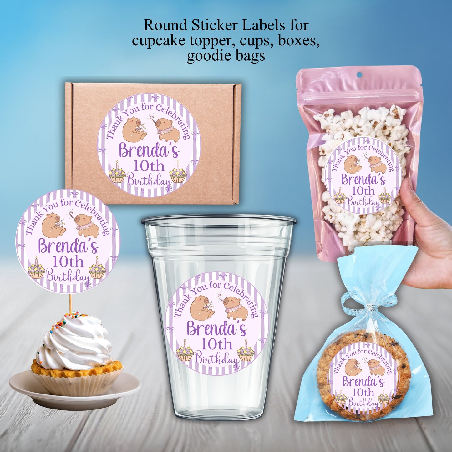 Purple Capybara Birthday Party Sticker Labels
