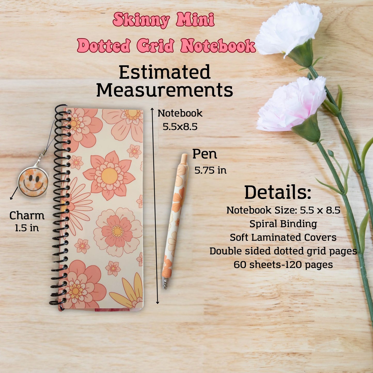 Retro Flowers Skinny Mini Dot Grid Spiral Notebook Gift Set