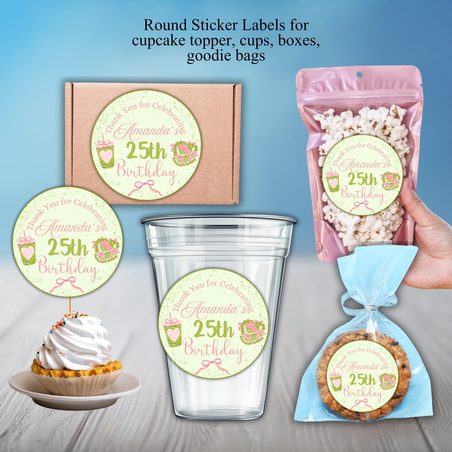Green Matcha Girls Party Sticker Labels