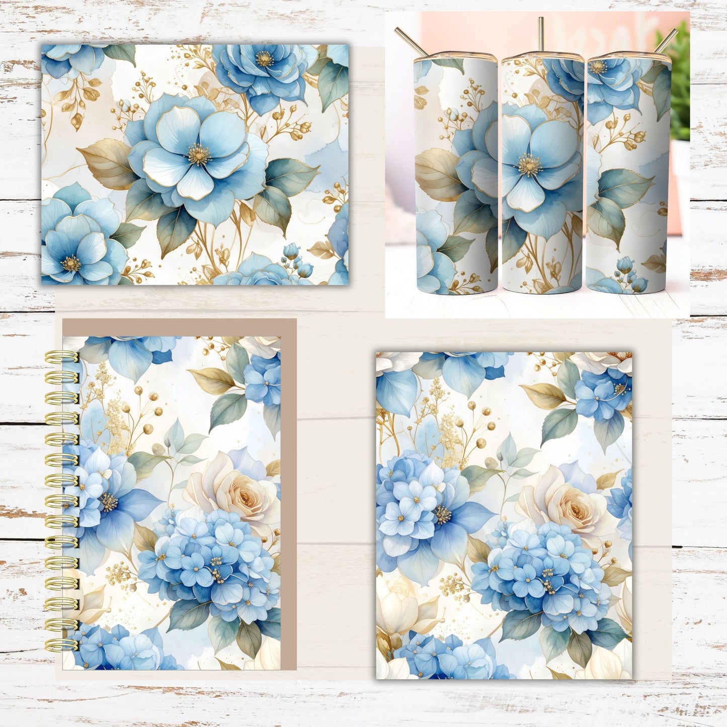 Blue Floral Digital Paper Pack Bundle