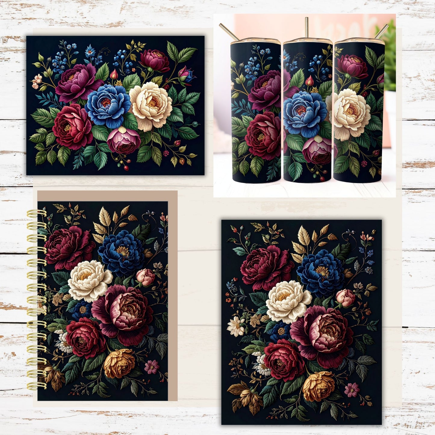 Dark Rose Floral Digital Paper Pack Bundle