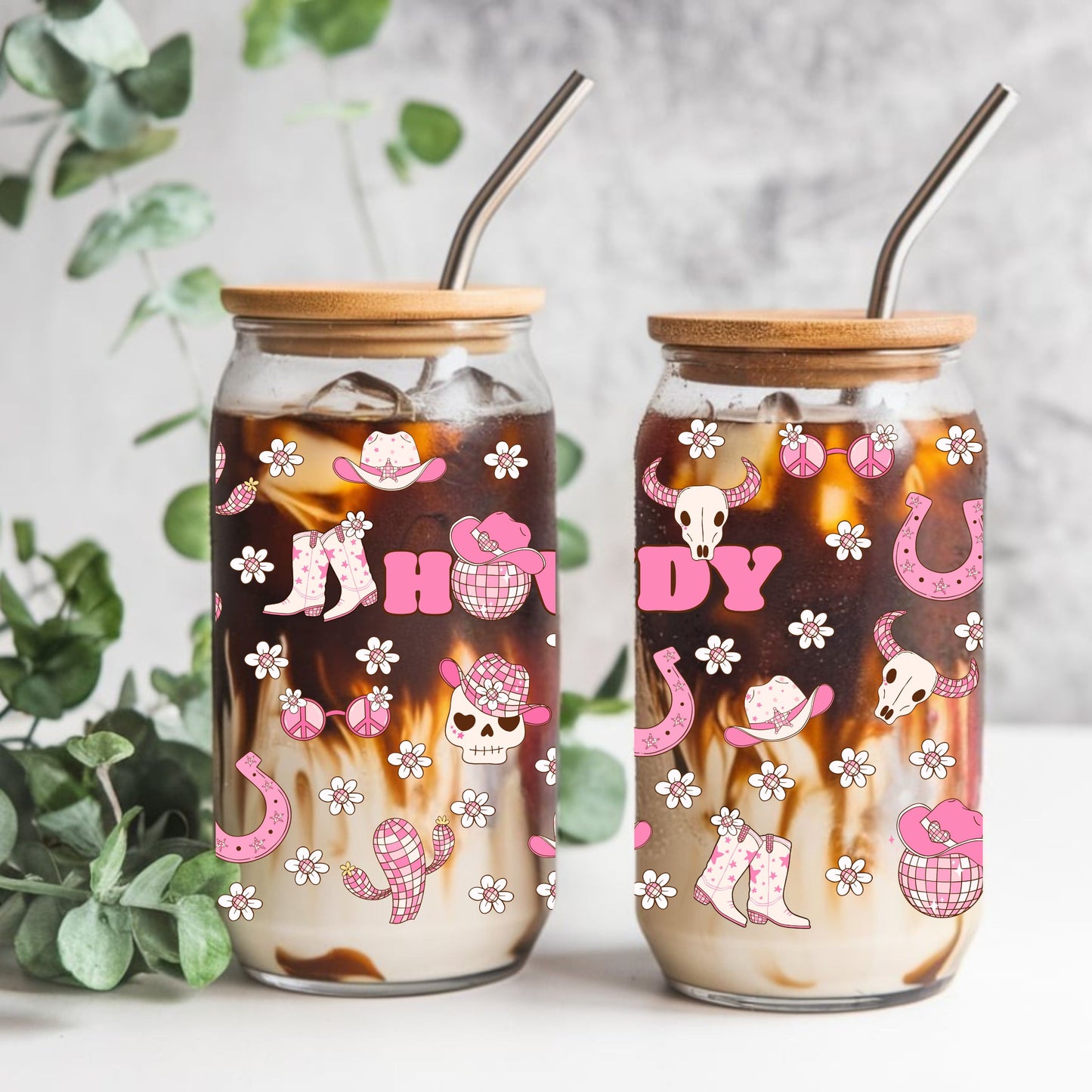 Pink Wester Howdy Libbey Glass Can Cup Wrap