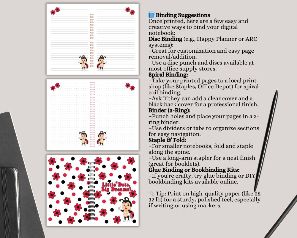 Red Daisy Ladybug Digital Lined & Dotted Grid Notebook PDF