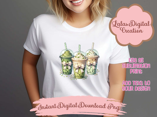 Green Iced Coffee Drink Coquette Bow Clipart PNG Instant Digital Download