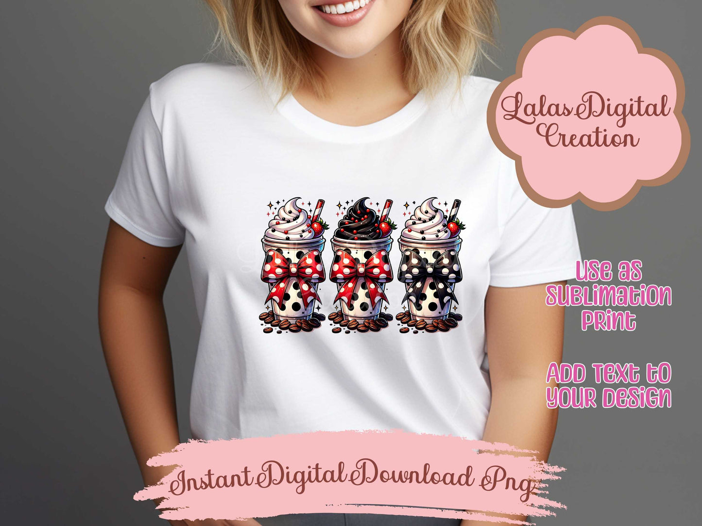 Polka Dot Iced Coffee Drink Coquette Bow Bundle Clipart PNG Instant Digital Download