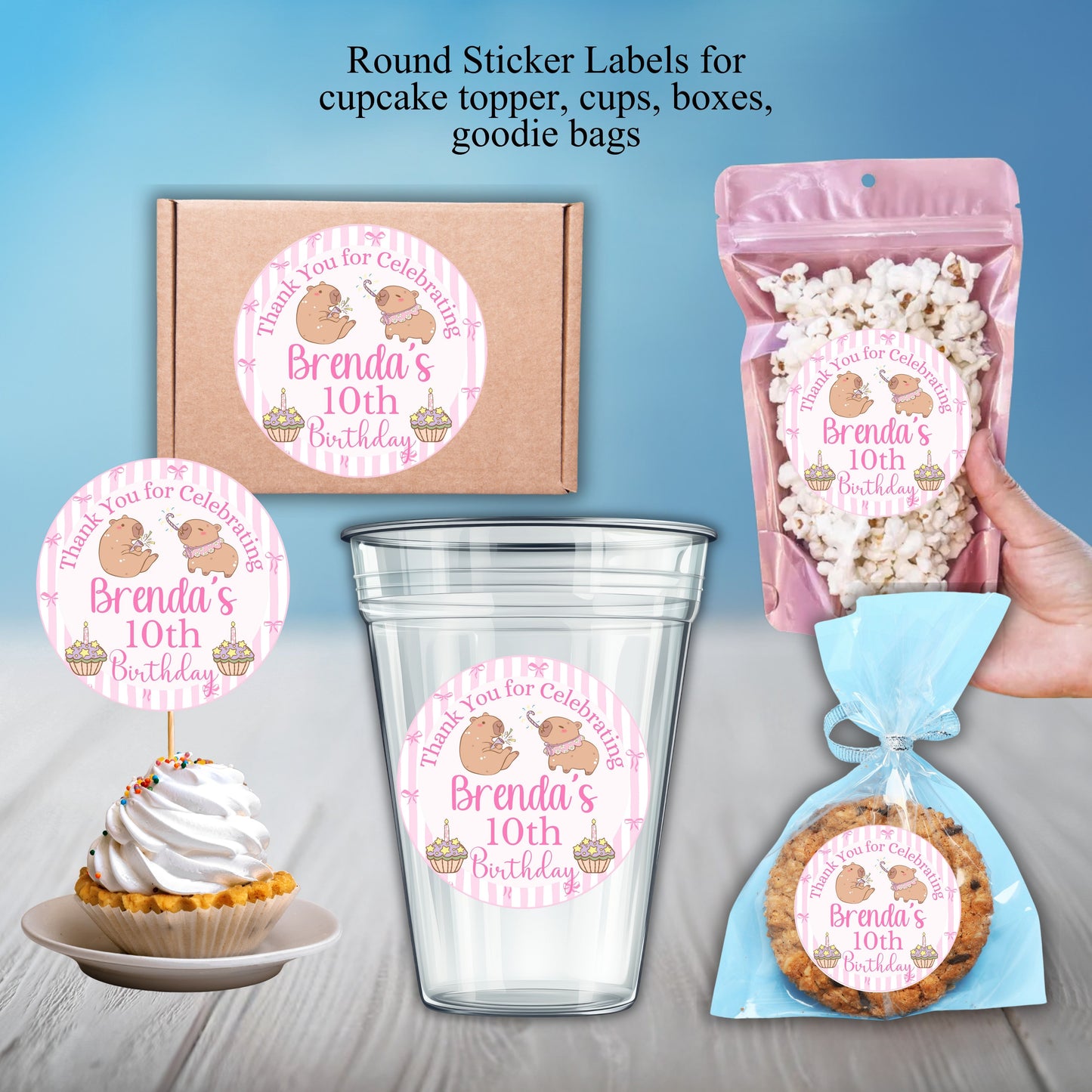 Pink Capybara Birthday Party Sticker Labels