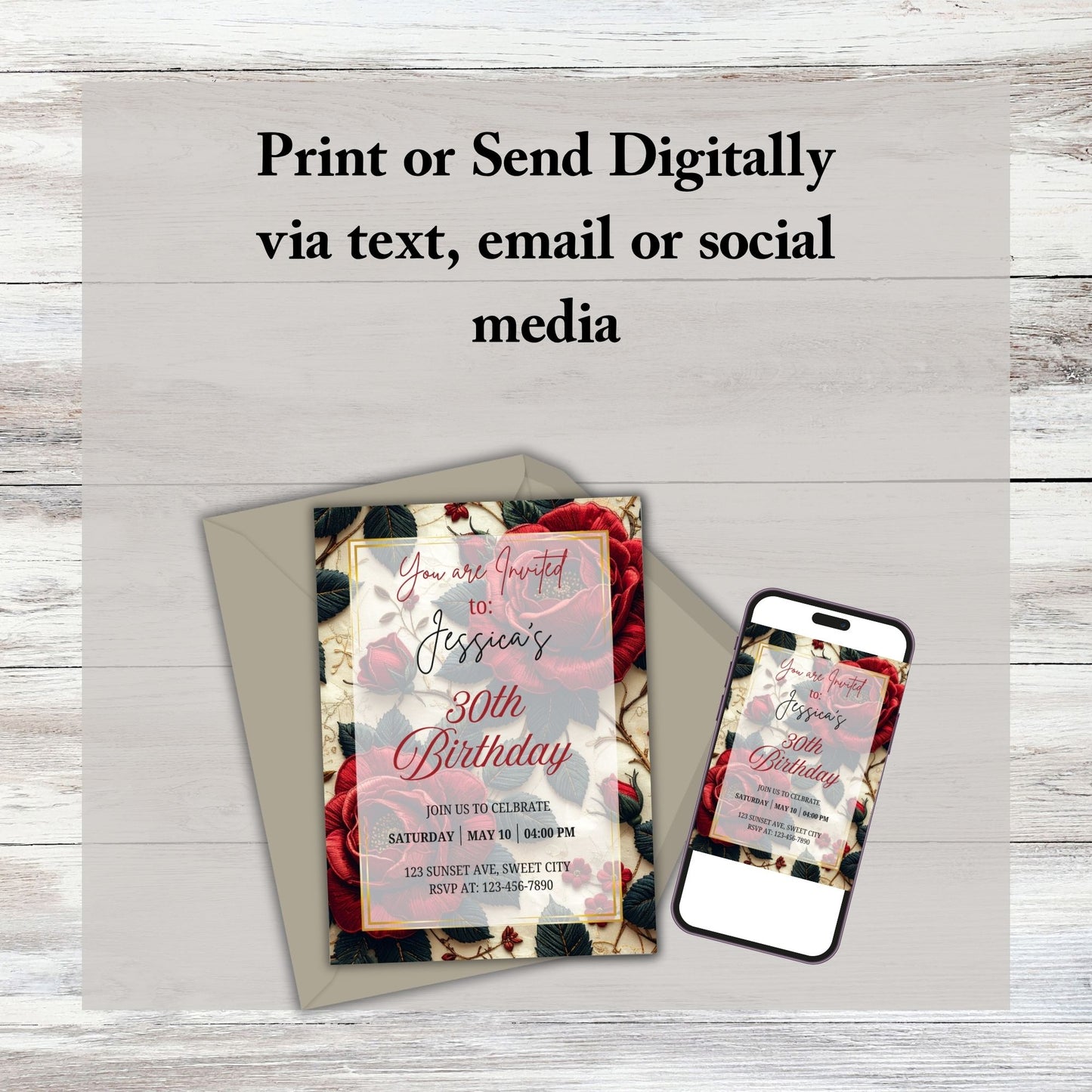 Floral Rose Birthday Invitation Canva Editable Template Instant Digital Download