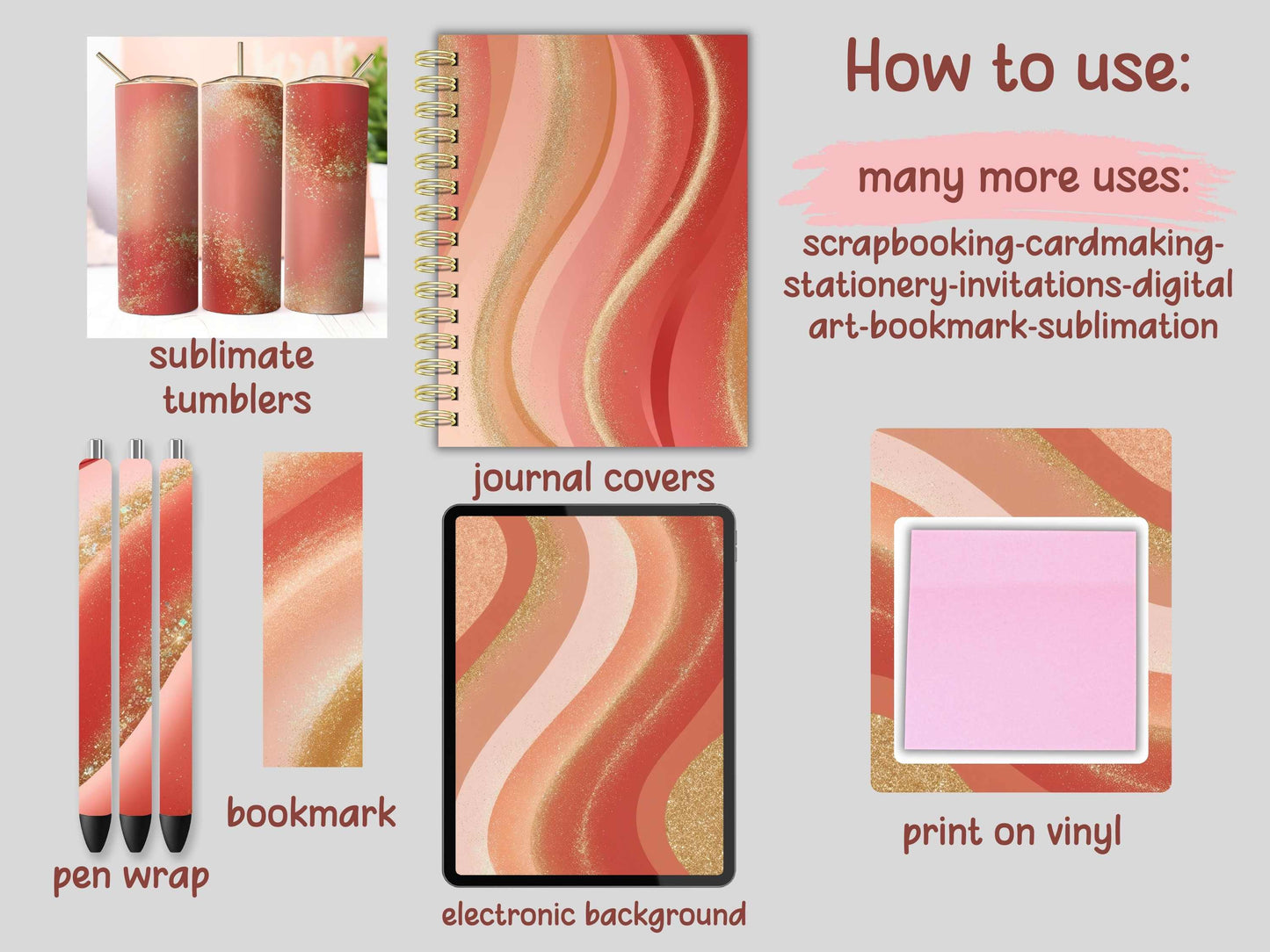 Coral Peach and Gold Sparkle Digital Pattern Paper Bundle