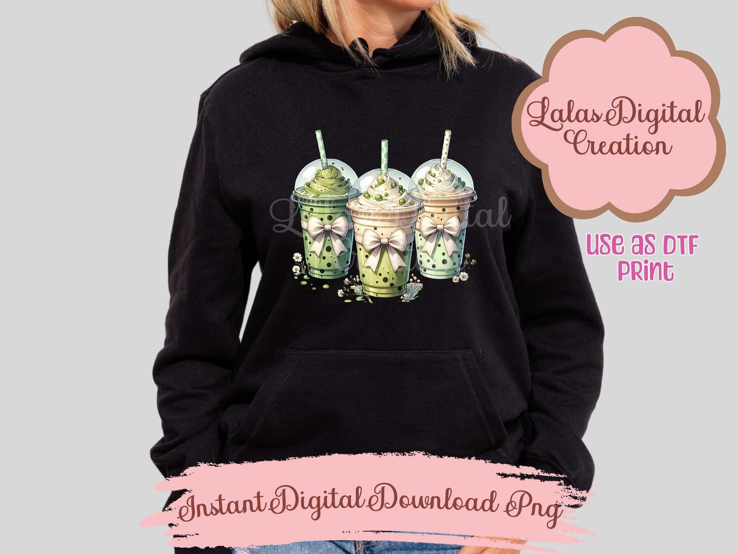 Green Iced Coffee Drink Coquette Bow Clipart PNG Instant Digital Download