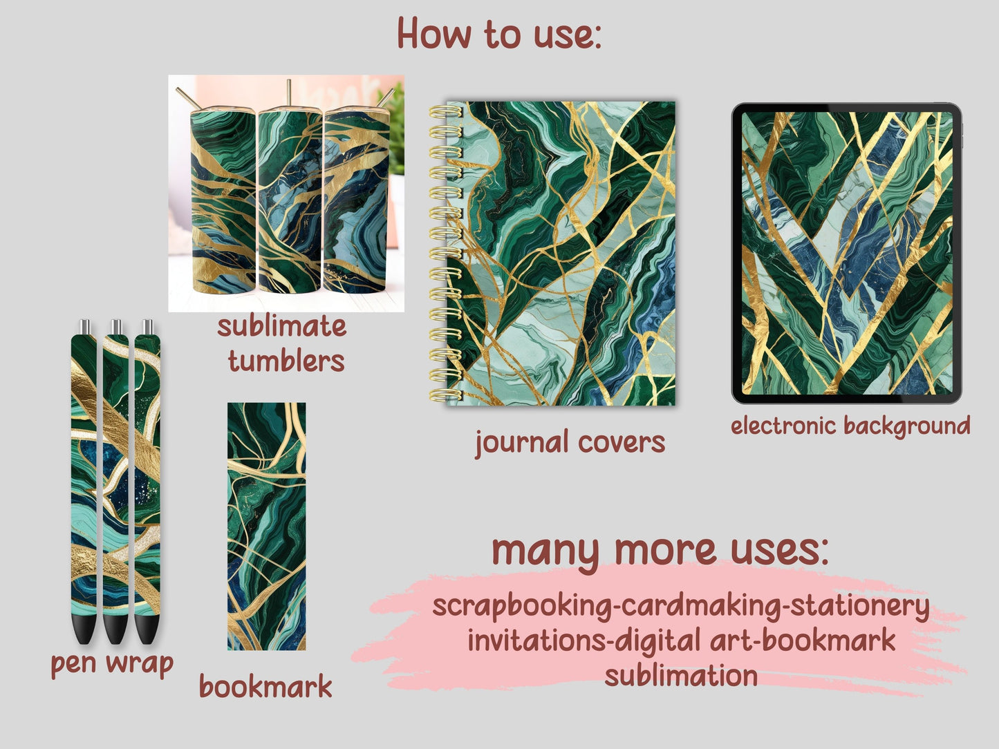 Green and Gold Marble Digital Pattern Paper Bundle