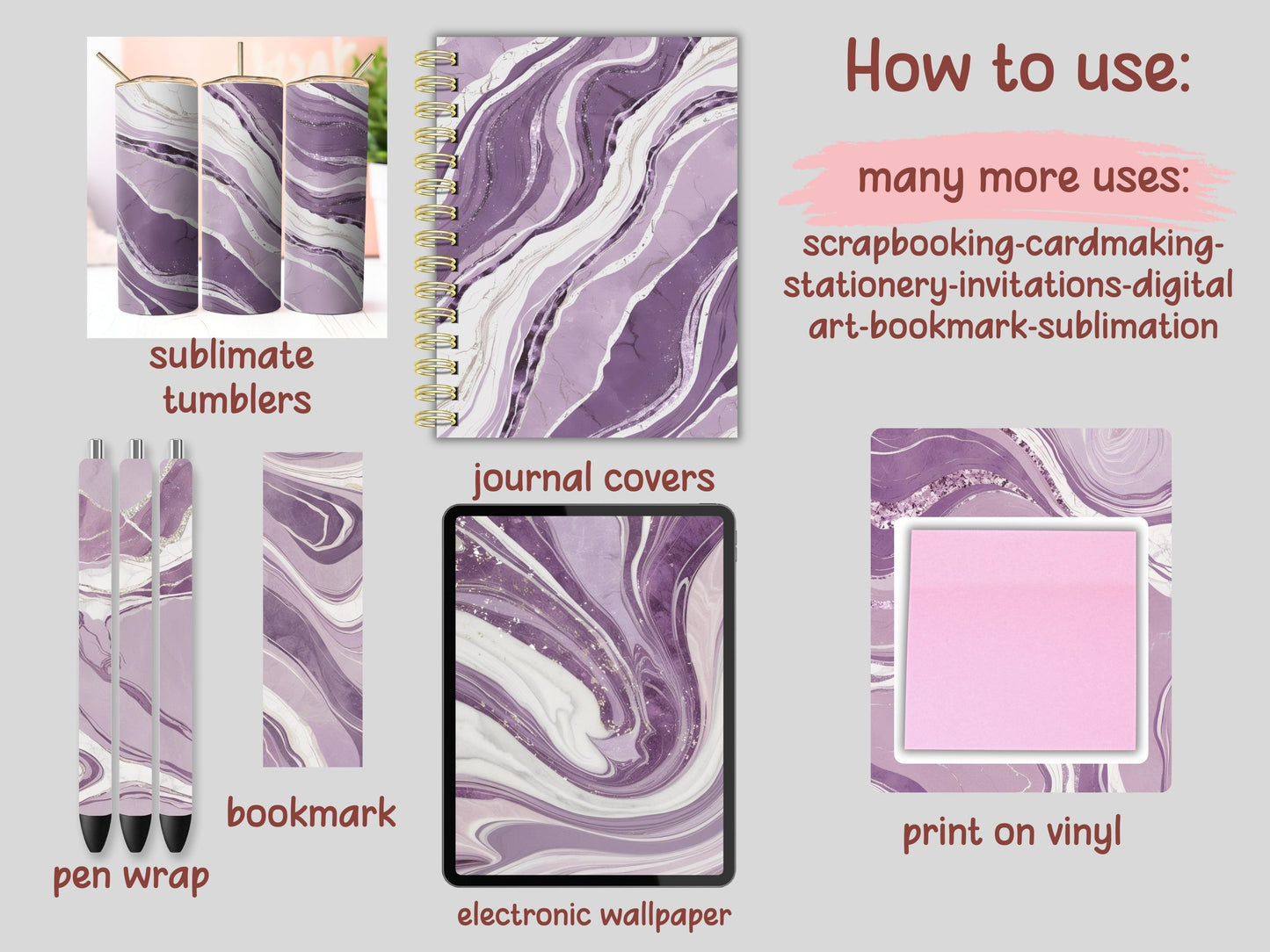 Lilac Purple Marble Swirl Digital Pattern Paper Bundle