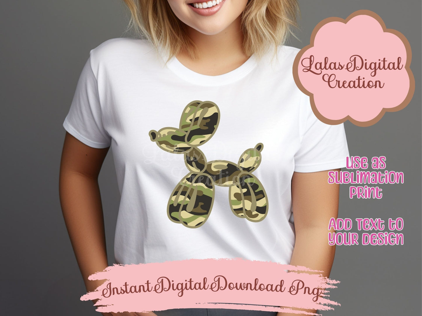 Preppy Camo Balloon Dog Clipart PNG Instant Digital Download