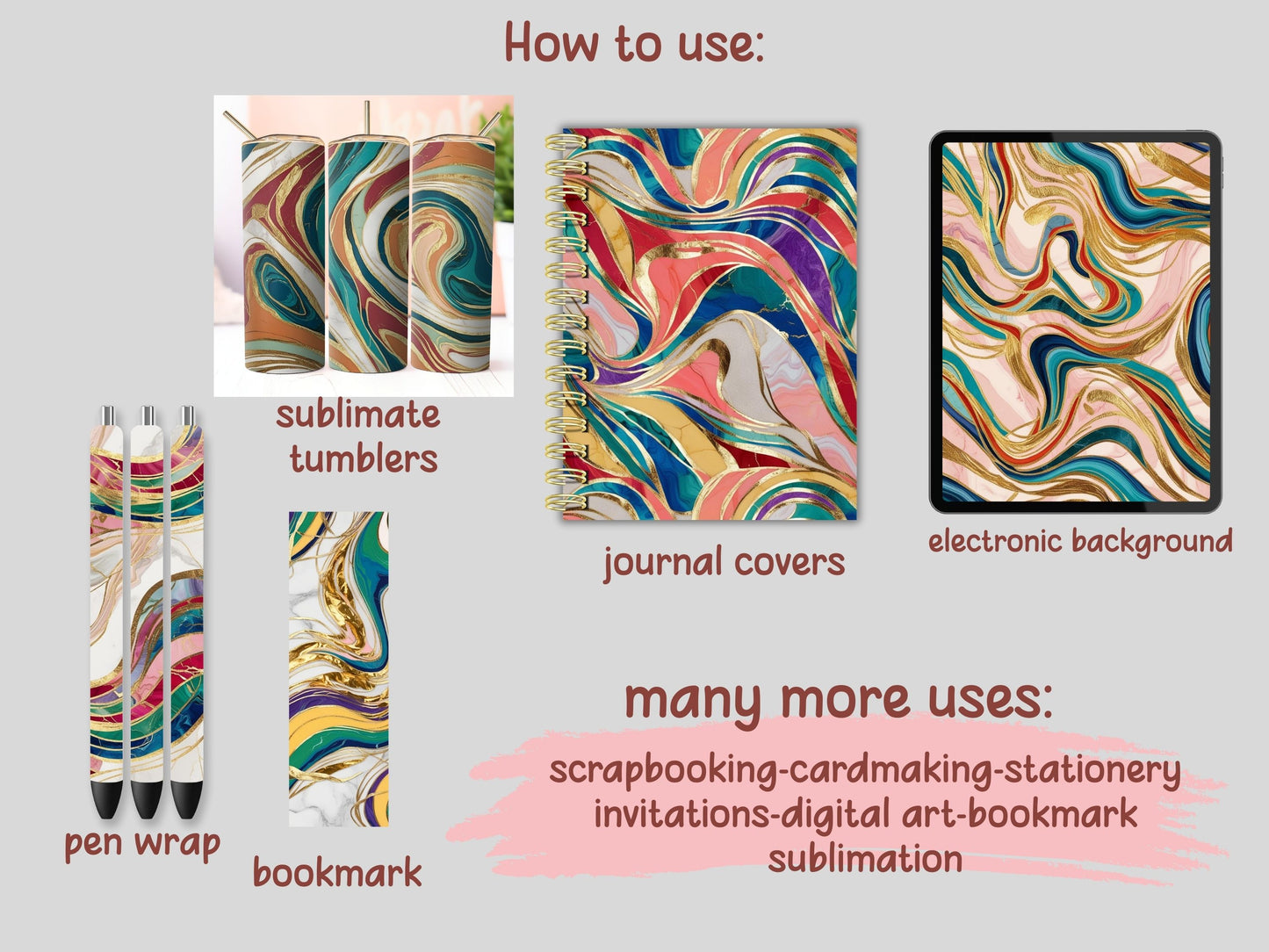 Multi Color and Gold Marble Digital Pattern Paper Bundle