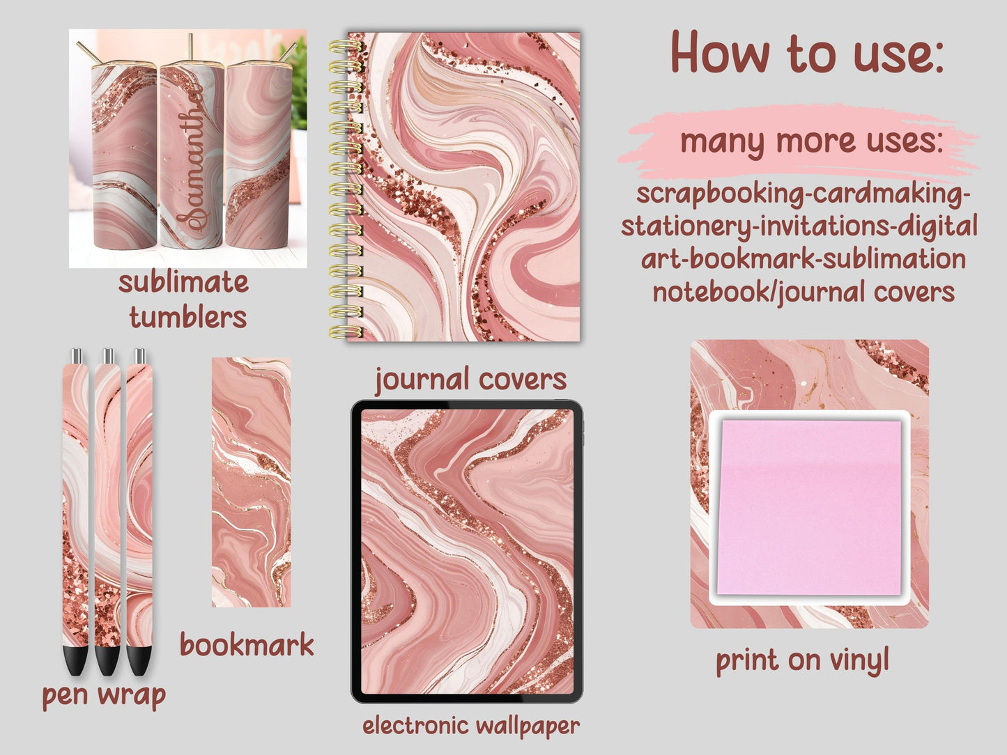 Pink Marble Swirls Digital Pattern Paper Bundle